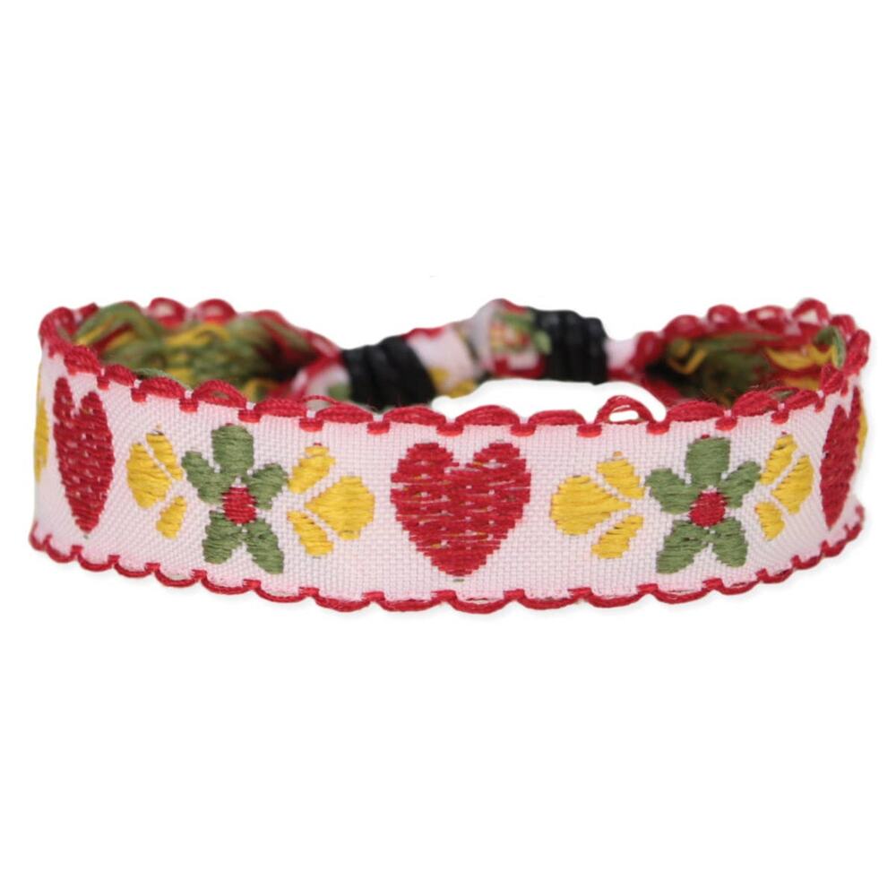 White Floral Embroidered Pull Bracelet Heart Flower Red
